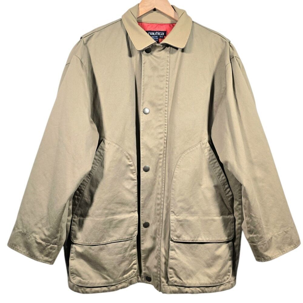 Nautica Coat Mens Medium Tan Leather Collar Quilted 2 Way Zip Pockets Corduroy